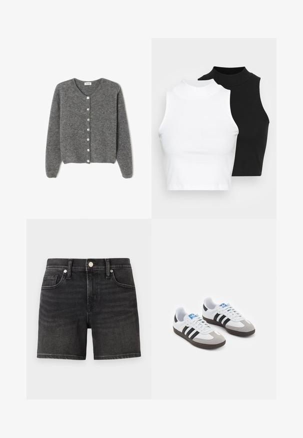 Sivý vlnený kardigán s okrúhlym výstrihom, s vydaním sedem predných gombíkov a jemným, textúrovaným povrchom. Rukávy sú mierne voľné.; Dve bezrukávové rebrované roláky v čiernej a bielej farbe, pričom majú priliehavý strih a hladkú textúru, s krátkou dĺžkou.; Čierne denimové šortky s klasickým dizajnom piatich vreciek, s predným zapínaním na gombík a slabým vyblednutím pre textúru.; Športové topánky s bielym koženým zvrškom, šedou semišovou špičkou a tromi čiernymi pruhmi. Obsahujú modré logo na jazyku a štruktúrovanú gumovú podrážku.