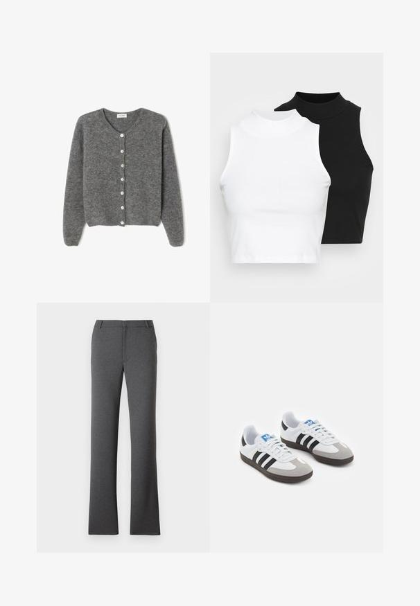 Harmaa villaneule, jossa on pyöreä kaula-aukko, seitsemällä etunapilla ja pehmeällä, teksturoidulla pinnalla. Hihat ovat hieman löysät.; Kaksi hihattomaa ribattua kauluspaitaa mustana ja valkoisena, joissa on istuva muotoilu ja sileä rakenne, sekä lyhyt pituus.; Harmaat housut, joissa on suora lahje. Valmistettu tekstuurista kankaasta, jossa on tasainen etuosa ja vyölenkit. Ei näkyviä kuvioita tai metallitukkeja.; Urheilukengät, joissa on valkoinen nahkainen päällinen, harmaa mokkanokka ja kolme mustaa raitaa. Ominaisuuksina sininen logo kielekkeessä ja kuvioitu kumipohja.