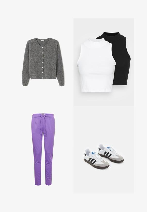 Grijze wollen cardigan met een ronde halslijn, voorzien van zeven knopen aan de voorkant en een zachte, gestructureerde afwerking. De mouwen zijn iets los.; Twee mouwloze ribgebreide coltruien in zwart en wit, met een slim fit ontwerp en een gladde textuur, met een cropped lengte.; ICHI IHKATE PA2 - Trainingsbroek - chive blossom; Sportschoenen met een witte leren bovenkant, grijze suède neus en drie zwarte strepen. Bevat een blauw logo op de tong en een gestructureerde rubberen zool.