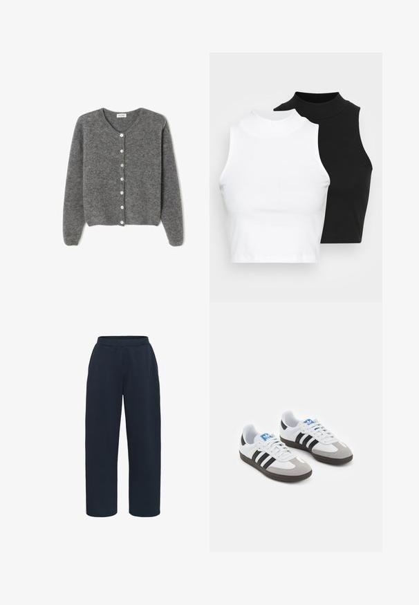 Gray wool cardigan with a round neckline, featuring seven front buttons and a soft, textured finish. Sleeves are slightly loose.; Two sleeveless ribbed turtleneck tops in black and white, featuring a fitted design and smooth texture, with cropped length.; Kaffe Tracksuit bottoms - midnight marine; Sport shoes with a white leather upper, gray suede toe, and three black stripes. Features a blue logo on the tongue and a textured rubber sole.