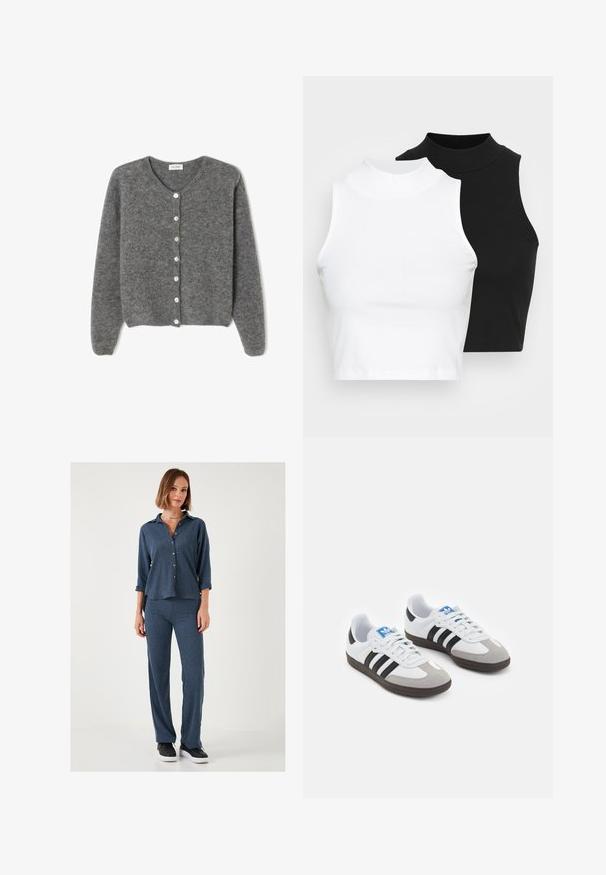 Szary wełniany kardigan z okrągłym dekoltem, z siedmioma guzikami z przodu i miękkim, teksturowanym wykończeniem. Rękawy są nieco luźne.; Dwa bezrękawnikowe golfy w kolorze czarnym i białym, charakteryzujące się dopasowanym fasonem i gładką teksturą, o skróconej długości.; Dwuczęściowy zestaw składający się z fakturowanej, granatowej koszuli z guzikami, z podwiniętymi rękawami oraz dopasowanych spodni. Całość dopełniają czarne sneakersy.; Buty sportowe z białą skórzaną cholewką, szarym zamszowym noskiem i trzema czarnymi paskami. Posiadają niebieskie logo na języku oraz teksturowaną gumową podeszwę.