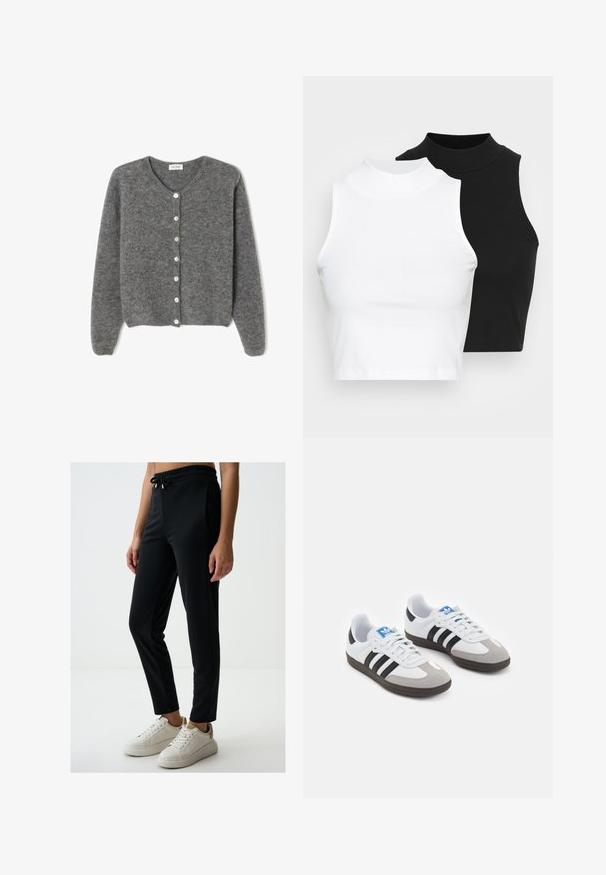 Szary wełniany kardigan z okrągłym dekoltem, z siedmioma guzikami z przodu i miękkim, teksturowanym wykończeniem. Rękawy są nieco luźne.; Dwa bezrękawnikowe golfy w kolorze czarnym i białym, charakteryzujące się dopasowanym fasonem i gładką teksturą, o skróconej długości.; Czarne spodnie sportowe z elastycznym pasem, dopasowane, gładka tekstura oraz boczne kieszenie, noszone z białymi sneakersami.; Buty sportowe z białą skórzaną cholewką, szarym zamszowym noskiem i trzema czarnymi paskami. Posiadają niebieskie logo na języku oraz teksturowaną gumową podeszwę.