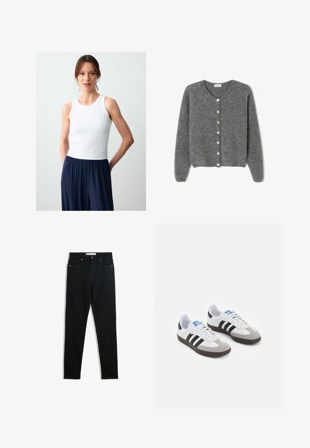 Cardigan en laine grise avec un col rond, comportant sept boutons sur le devant et une finition douce et texturée. Les manches sont légèrement amples.; Débardeur blanc à rayures avec un col rond, associé à un pantalon bleu marine ample. Le tissu en mélange de coton a une texture douce.; Jean en denim noir avec une coupe slim, un design à cinq poches, des éléments en métal et une fermeture éclair. Texture lisse avec une légère élasticité.; Baskets avec une tige en cuir blanc, un bout en daim gris et trois bandes noires. Présente un logo bleu sur la languette et une semelle en caoutchouc texturée.