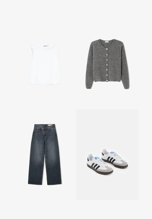 Grå ullcardigan med rund halsringning, som har sju framknappar och en mjuk, strukturerad yta. Ärmarna är något lösa.; Vit, ärmlös crop top i ett mjukt och stretchigt material; har en rund halsringning och en rak nederdel. Ren, enkel design.; Mörk tvättade denimjeans med vida ben, hög midja, fem fickor och subtila slitningar framtill.; Sportskor med överdel i vit läder, grå mocka på tårna och tre svarta ränder. Har en blå logotyp på tungan och en texturerad gummisula.