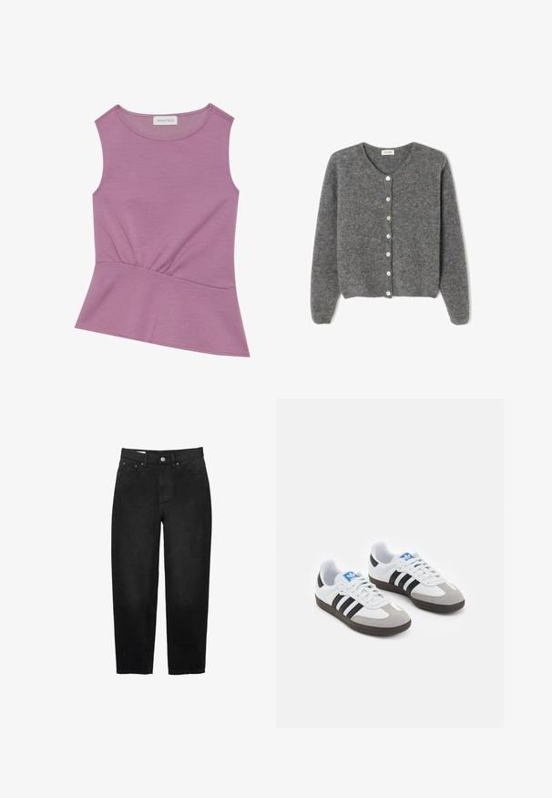 Sivkasta volnenega kardigana z okroglim izrezom, ki ima sedem sprednjih gumbov in mehak, teksturiran zaključek. Rokavi so nekoliko ohlapni.; Majica brez rokavov v svetlo vijolični barvi s krožnim izrezom in nagubanimi detajli na pasu, ki se na koncu rahlo širi.; Črne kavbojke iz denima s ravno nogavico, stil petih žepov in gumbom za zapiranje. Imajo surov rob in rahlo teksturirano tkanino.; Športni čevlji z belim usnjenim zgornjim delom, sivim semišem na prstih in tremi črnimi črtami. Imajo modro logo na jeziku in teksturiran gumijast podplat.
