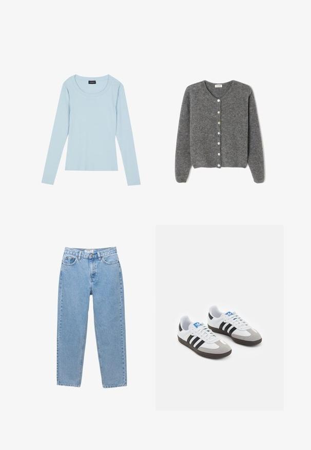 Sivi vuneni kardigan s okruglim izrezom, sa sedam prednjih dugmadi i mekim, teksturiranim završetkom. Rukavi su blago široki.; Svijetloplavi dugoredni rebrasti top s okruglim izrezom i prilagođenim dizajnom. Mekana tekstura s suptilnim uzorkom koji se vertikalno proteže.; Svijetloplave traperice s ravnim nogavicama, pet džepova i zatvaranjem na gumbe. Imaju suptilno izblijeđenje i klasičan izgled.; Sportske cipele s gornjištem od bijele kože, sivi suedinasti nos i tri crne pruge. Imaju plavi logo na jeziku i teksturiranu gumenu podlogu.