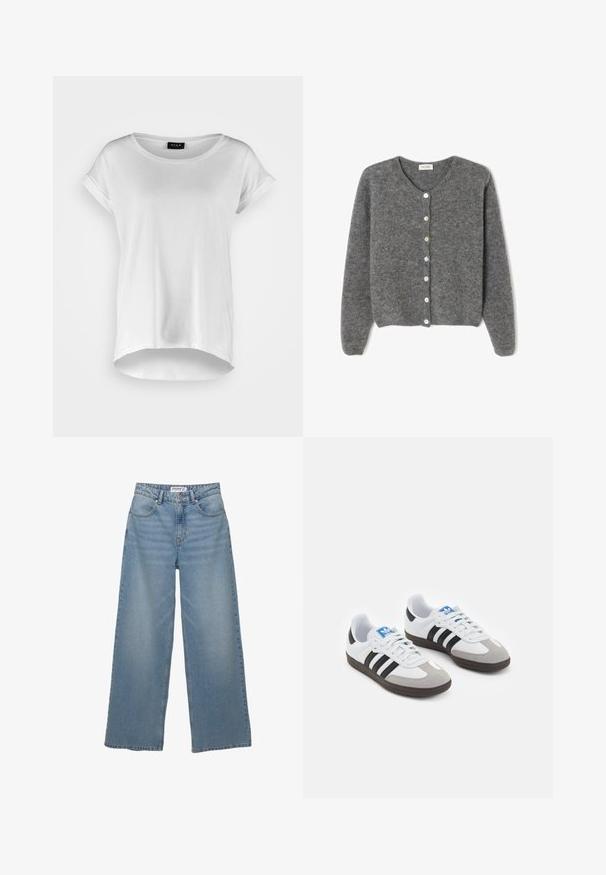 Sivkasta volnenega kardigana z okroglim izrezom, ki ima sedem sprednjih gumbov in mehak, teksturiran zaključek. Rokavi so nekoliko ohlapni.; Bela kratka majica s kratkimi rokavi in okroglim izrezom, nekoliko daljšim zadnjim robom, mehkim bombažnim materialom in zvitimi rokavi. Brez vidnih odtisov.; Svetlo modri široki jeans iz denima. Ima visok pas, pet žepov in ravno kroj z minimalnim bledenjem.; Športni čevlji z belim usnjenim zgornjim delom, sivim semišem na prstih in tremi črnimi črtami. Imajo modro logo na jeziku in teksturiran gumijast podplat.