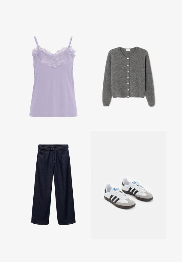 Grau gestrickte Wolle-Cardigan mit rundem Ausschnitt, ausgestattet mit sieben Vorderknöpfen und einer weichen, strukturierten Oberfläche. Die Ärmel sind leicht weit.; Lavendelfarbenes Camisole mit Spitzendetails am Ausschnitt. Verfügt über dünne Träger und eine weiche Stoffoberfläche. Gerade geschnittenes Design, ohne sichtbare Muster.; Dunkelblaue, weit geschnittene Jeans aus Denim. Verfügt über einen mit Gürtel versehenen Bund mit mehreren Knöpfen, Fronttaschen und einen sauberen Abschluss an den Säumen.; Sportschuhe mit einem Obermaterial aus weißem Leder, grauer Wildleder-Zehenkappe und drei schwarzen Streifen. Sie verfügen über ein blaues Logo auf der Zunge und eine strukturierte Gummisohle.
