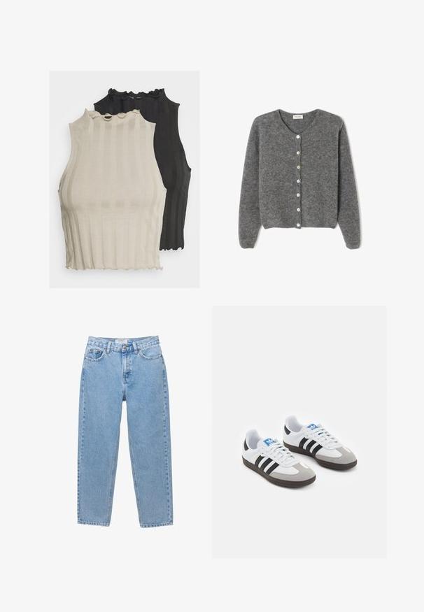 Sivkasta volnenega kardigana z okroglim izrezom, ki ima sedem sprednjih gumbov in mehak, teksturiran zaključek. Rokavi so nekoliko ohlapni.; Prikazani so dva rebrasta topa brez rokavov, eden v svetli bež barvi in drugi v črni barvi. Oba imata ovratnik z valovitimi robovi in prilegajočo obliko.; Svetlo modri traper hlače z naravnim krojem, petimi žepi in gumbom za zapiranje. Imajo subtilno zbledelost in klasičen videz.; Športni čevlji z belim usnjenim zgornjim delom, sivim semišem na prstih in tremi črnimi črtami. Imajo modro logo na jeziku in teksturiran gumijast podplat.