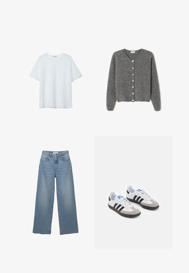 Šedý vlněný kardigan s kulatým výstřihem, který má sedm předních knoflíků a měkký, texturovaný povrch. Rukávy jsou mírně volné.; Bílá bavlněná tričko s kulatým výstřihem, krátkými rukávy a uvolněným střihem. Hladká textura s jednoduchým designem a bez viditelných vzorů či akcentů.; Světle modré džíny s širokými nohavicemi vyrobené z denimu. Mají vysoký pas, pět kapes a rovný střih s minimálním vyblednutím.; Sportovní boty s bílým koženým svrškem, šedou semišovou špičkou a třemi černými pruhy. Obsahují modré logo na jazyku a texturovanou gumovou podrážku.