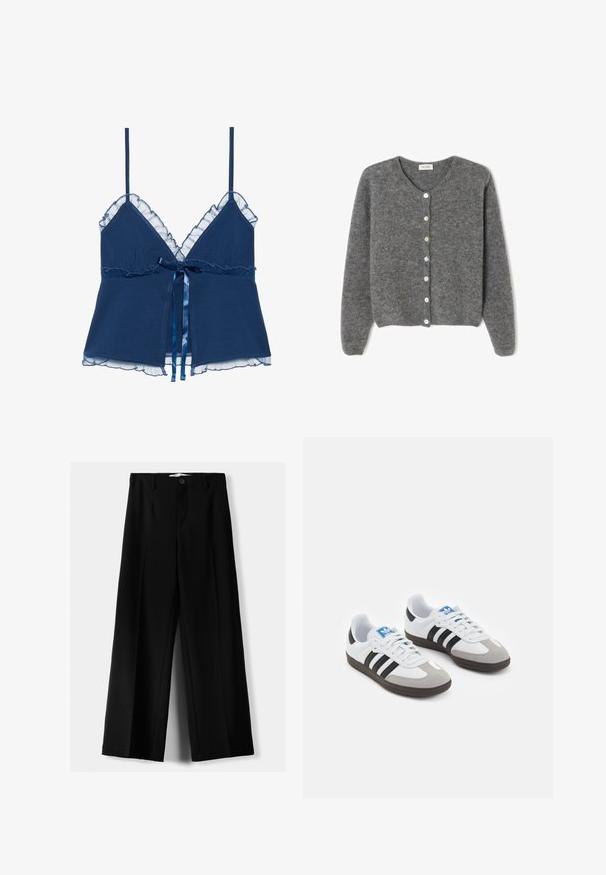 Grijze wollen cardigan met een ronde halslijn, voorzien van zeven knopen aan de voorkant en een zachte, gestructureerde afwerking. De mouwen zijn iets los.; Navy blauwe cami met dunne bandjes, voorzien van een ruche van doorschijnende kant langs de halslijn en de onderrand, en een satijnen strik rondom de taille.; Zwarte wijde broek van lichtgewicht stof, met een knoopsluiting aan de voorkant en een vlakke achterkant, afgewerkt met keurig gestikte zoom.; Sportschoenen met een witte leren bovenkant, grijze suède neus en drie zwarte strepen. Bevat een blauw logo op de tong en een gestructureerde rubberen zool.