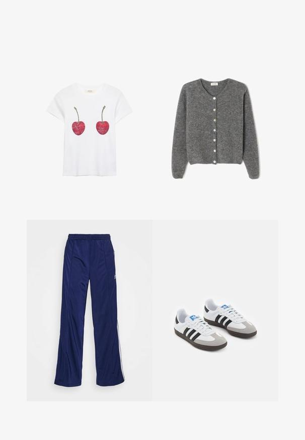 Sivkasta volnenega kardigana z okroglim izrezom, ki ima sedem sprednjih gumbov in mehak, teksturiran zaključek. Rokavi so nekoliko ohlapni.; Bela majica s kratkimi rokavi, na sprednji strani imajo natisnjeni dve rdeči češnji z zelenima stebloma, izdelana iz mehkega bombažnega blaga.; Mornarske športne hlače z elastičnim pasom, ravnimi nogami in stranskimi zadrgami. Imajo bele obrobe vzdolž strani. Gladka tekstura tkanine.; Športni čevlji z belim usnjenim zgornjim delom, sivim semišem na prstih in tremi črnimi črtami. Imajo modro logo na jeziku in teksturiran gumijast podplat.