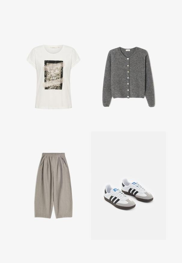 Grå uld cardigan med rund hals, prydet med syv knapper foran og en blød, tekstureret overflade. Ærmerne er en smule løse.; Hvid bomulds t-shirt med korte ærmer og rund hals, med et grafisk print af løv og teksten "NATURE IS ART" i sort.; Grå, brede bukser lavet af blødt stof, med elastisk talje og to sidelommer, der har et rent, minimalistisk design.; Sportsko med en overdel i hvid læder, grå ruskind på tåen og tre sorte striber. Har et blåt logo på tungen og en struktureret gummisål.