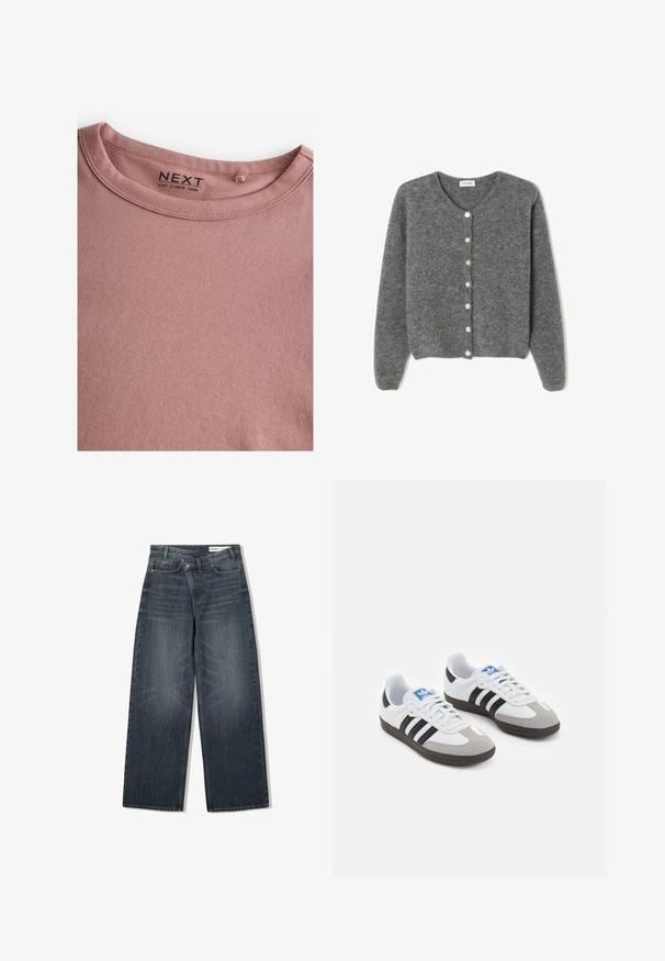 Harmaa villaneule, jossa on pyöreä kaula-aukko, seitsemällä etunapilla ja pehmeällä, teksturoidulla pinnalla. Hihat ovat hieman löysät.; Pitkähihaista pyöreäkaulaista paitaa pehmeästä vaaleanpunaisesta kankaasta, jossa on saumaton kaulus ja "NEXT"-brändätty tagi. Sileä rakenne, ilman kuvioita.; Tummanpesun farkut, joissa on leveä lahje, korkea vyötärö, viisi taskua ja hienovarainen kulutusvaikutus etupuolella.; Urheilukengät, joissa on valkoinen nahkainen päällinen, harmaa mokkanokka ja kolme mustaa raitaa. Ominaisuuksina sininen logo kielekkeessä ja kuvioitu kumipohja.