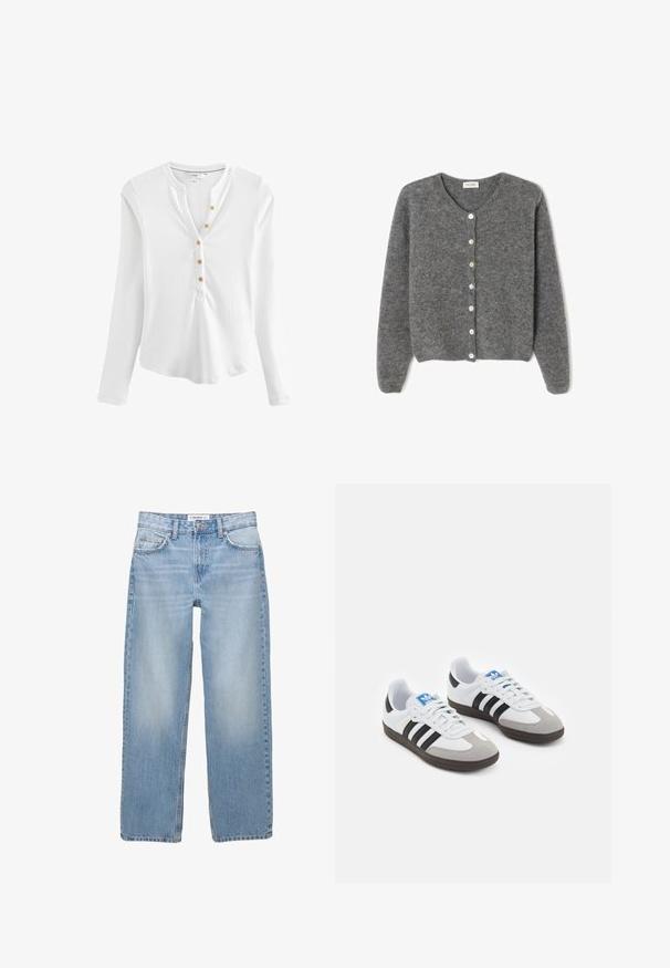 Cardigan en laine grise avec un col rond, comportant sept boutons sur le devant et une finition douce et texturée. Les manches sont légèrement amples.; Chemise henley à manches longues blanche en tissu côtelé, avec un col en V et cinq boutons dorés le long de la patte.; Jean en denim bleu clair avec une coupe droite, style cinq poches et des détails de couture visibles. Le tissu a une texture douce et légèrement décolorée.; Baskets avec une tige en cuir blanc, un bout en daim gris et trois bandes noires. Présente un logo bleu sur la languette et une semelle en caoutchouc texturée.