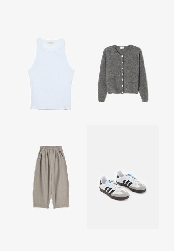 Grau gestrickte Wolle-Cardigan mit rundem Ausschnitt, ausgestattet mit sieben Vorderknöpfen und einer weichen, strukturierten Oberfläche. Die Ärmel sind leicht weit.; Weißes Tanktop, gerippte Textur, runder Ausschnitt, ärmelloses Design, enganliegende Form, dezente Markenkennzeichnung im Etikett im Kragenbereich.; Graue, weit geschnittene Hosen aus weichem Stoff, mit einem elastischen Bund und zwei seitlichen Taschen, in einem klaren, minimalistischen Design.; Sportschuhe mit einem Obermaterial aus weißem Leder, grauer Wildleder-Zehenkappe und drei schwarzen Streifen. Sie verfügen über ein blaues Logo auf der Zunge und eine strukturierte Gummisohle.