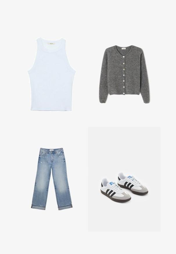 Grijze wollen cardigan met een ronde halslijn, voorzien van zeven knopen aan de voorkant en een zachte, gestructureerde afwerking. De mouwen zijn iets los.; Witte tanktop, geribbelde textuur, ronde halslijn, mouwloos ontwerp, aansluitende vorm, subtiele branding op het label binnenin de kraag.; Lichtblauwe denim jeans met een wijd uitlopend ontwerp, voorzien van een rafelige zoom, lichte slijtage en klassieke vijf-pocket styling.; Sportschoenen met een witte leren bovenkant, grijze suède neus en drie zwarte strepen. Bevat een blauw logo op de tong en een gestructureerde rubberen zool.