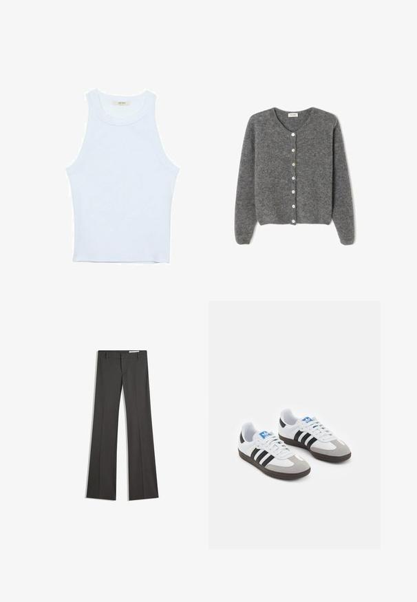 Gray wool cardigan with a round neckline, featuring seven front buttons and a soft, textured finish. Sleeves are slightly loose.; White tank top, ribbed texture, round neckline, sleeveless design, fitted shape, subtle branding on the label inside the collar area.; Gray flared trousers in a smooth fabric, featuring a flat front, belt loops, and a tailored design with clean lines.; Sport shoes with a white leather upper, gray suede toe, and three black stripes. Features a blue logo on the tongue and a textured rubber sole.