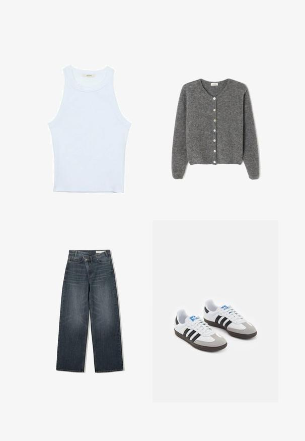 Grau gestrickte Wolle-Cardigan mit rundem Ausschnitt, ausgestattet mit sieben Vorderknöpfen und einer weichen, strukturierten Oberfläche. Die Ärmel sind leicht weit.; Weißes Tanktop, gerippte Textur, runder Ausschnitt, ärmelloses Design, enganliegende Form, dezente Markenkennzeichnung im Etikett im Kragenbereich.; Dunkel waschjeans mit weitem Bein, hoher Taille, fünf Taschen und dezenten Abnutzungen an der Vorderseite.; Sportschuhe mit einem Obermaterial aus weißem Leder, grauer Wildleder-Zehenkappe und drei schwarzen Streifen. Sie verfügen über ein blaues Logo auf der Zunge und eine strukturierte Gummisohle.