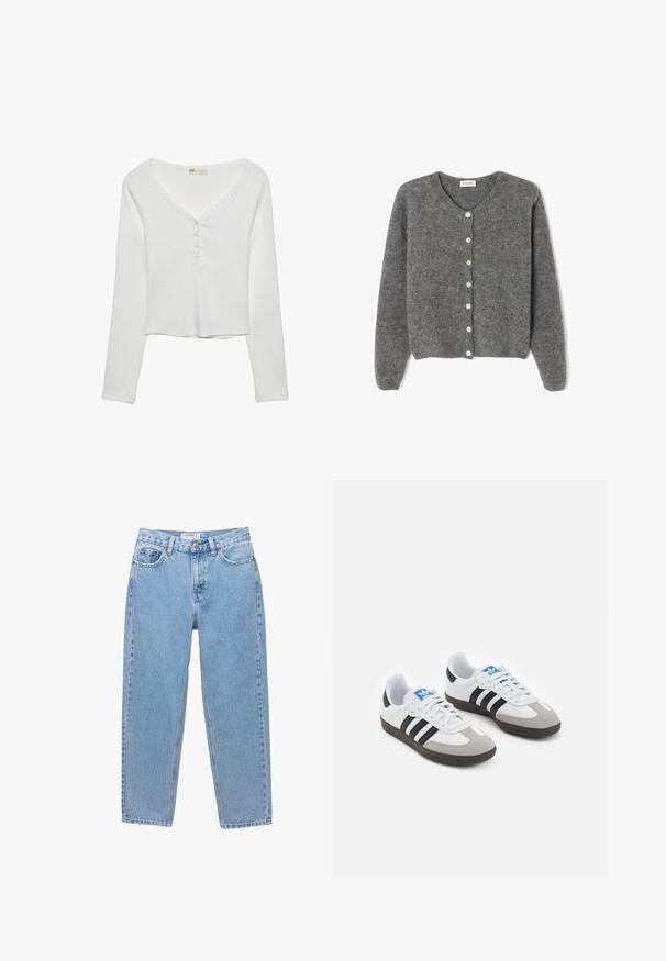 Cardigan grigio in lana con scollo rotondo, caratterizzato da sette bottoni frontali e una finitura morbida e testurizzata. Le maniche sono leggermente ampie.; Top bianco a maniche lunghe con scollatura a V, dotato di dettagli con bottoni e una texture a coste, progettato per una vestibilità comoda.; Jeans in denim azzurro chiaro con design a gamba dritta, cinque tasche e chiusura con bottone. Presentano una leggera scoloritura e un look classico.; Scarpe sportive con tomaia in pelle bianca, punta in suede grigia e tre strisce nere. Presentano un logo blu sulla linguetta e una suola in gomma testurizzata.