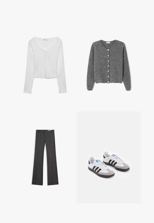 Szary wełniany kardigan z okrągłym dekoltem, z siedmioma guzikami z przodu i miękkim, teksturowanym wykończeniem. Rękawy są nieco luźne.; Biała bluzka z długim rękawem i dekoltem w kształcie litery V, z detalami w postaci guzików i żebrowaną teksturą, zaprojektowana dla luźnego fasonu.; Szare spodnie w fasonie dzwonów, wykonane z gładkiego materiału, z płaskim przodem, paskami do paska oraz skrojonym krojem o czystych liniach.; Buty sportowe z białą skórzaną cholewką, szarym zamszowym noskiem i trzema czarnymi paskami. Posiadają niebieskie logo na języku oraz teksturowaną gumową podeszwę.
