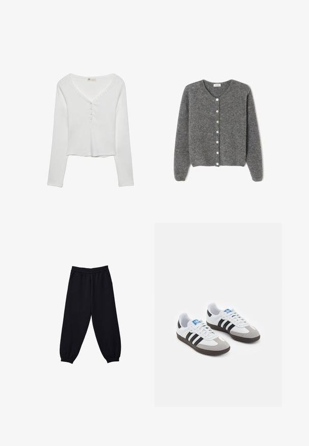 Sivý vlnený kardigán s okrúhlym výstrihom, s vydaním sedem predných gombíkov a jemným, textúrovaným povrchom. Rukávy sú mierne voľné.; Biely dlhý rukáv s výstrihom do V, s detailmi na gombíky a rebrovanou textúrou, navrhnutý pre uvoľnený strih.; Čierne tepláky s elastickým pásom, sťahovacími členkami a bočnými vreckami. Mäkká tkanina s hladkým povrchom a voľným strihom.; Športové topánky s bielym koženým zvrškom, šedou semišovou špičkou a tromi čiernymi pruhmi. Obsahujú modré logo na jazyku a štruktúrovanú gumovú podrážku.