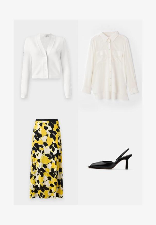 Valkoinen lyhyt neuletakki, jossa on V-pääntie, napitus edessä ja ribbireunat, joissa on reikäyksityiskohtia. Pehmeä kangas, jonka pinta on sileä.; Valkoinen napillinen paita, joka on valmistettu kevyestä kankaasta. Ominaisuuksiin kuuluu klassinen kaulus, kaksi rintataskua ja hieman pidempi takahame.; Keltainen kukkaneule, jossa on musta-valkoisia lehtikuvioita, valuva kangas ja tiukka musta vyötärö. A-linjainen siluetti.; Mustasilkki slingback-korkokengät, joissa on terävä kärki, minimalistinen muotoilu, ohut nilkkaremmi ja tyylikäs stiletto-korko. Silkkinen pinta.