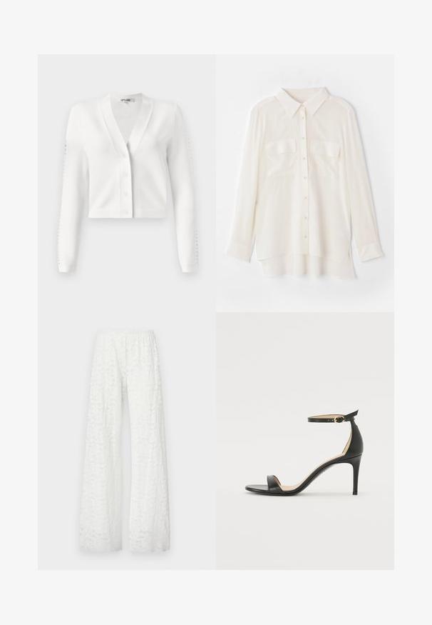 Bílý zkrácený cardigan s výstřihem do V, zapínáním na knoflíky a žebrovanými rukávy s detaily ve formě otvorů. Měkká tkanina s hladkým povrchem.; Bílá košile na knoflíky vyrobená z lehkého materiálu. Má klasický límec, dvě náprsní kapsy a mírně prodloužený zadní lem.; Bílé široké kalhoty s elastickým pasem, s texturovaným květinovým krajkovým vzorem po celé látce.; Černá kožená sandálová bota na vysokém podpatku s páskem kolem kotníku. Vyznačuje se hladkým povrchem, otevřenou špičkou a tenkým podpatkem. Detail v zlatém tónu na sponě.