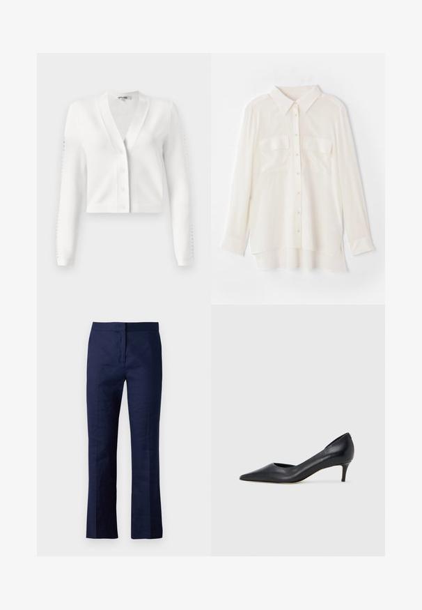 White cropped cardigan featuring a V-neck, button front, and ribbed sleeves with hole detailing. Soft fabric with a smooth texture.; White button-up shirt made of lightweight fabric. Features a classic collar, two chest pockets, and a slightly longer back hem.; Navy blue tailored trousers made of a smooth fabric, featuring a straight leg design, front pleats, and a fitted waistband.; Black leather pump with a pointed toe and low heel. Features a smooth texture and subtle sheen. Open cut at the front for added detail.