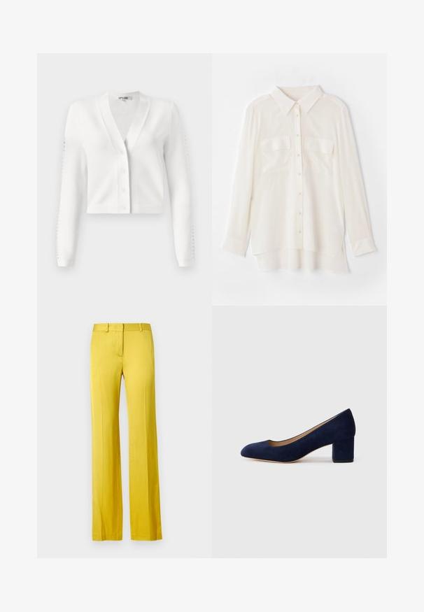 White cropped cardigan featuring a V-neck, button front, and ribbed sleeves with hole detailing. Soft fabric with a smooth texture.; White button-up shirt made of lightweight fabric. Features a classic collar, two chest pockets, and a slightly longer back hem.; Wide-leg trousers in bright yellow, made of smooth fabric. Features a front pocket and tailored waistband for a structured look.; Navy blue suede pump with a pointed toe and a mid-height block heel. Smooth texture with a subtle sheen and a small cutout at the front.