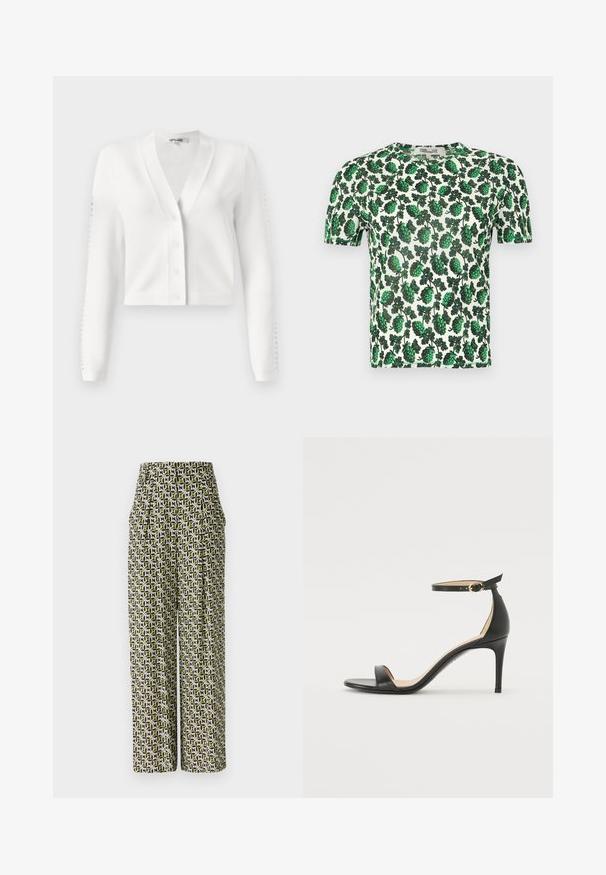 Biała krótkia kardigan z dekoltem w kształcie litery V, z przodu na guziki oraz z prążkowanymi rękawami z detalami w postaci otworów. Miękka tkanina o gładkiej fakturze.; Zielona, kwiatowa bluzka z krótkim rękawem, ozdobiona dużymi liściastymi wzorami na białym tle, wykonana z lekkiego, elastycznego materiału.; Diane von Furstenberg BELLINI zielony; Czarne skórzane sandały na wysokim obcasie z paskiem na kostce. Charakteryzują się gładką fakturą, otwartym noskiem i cienkim obcasem. Złoty detal z klamrą.