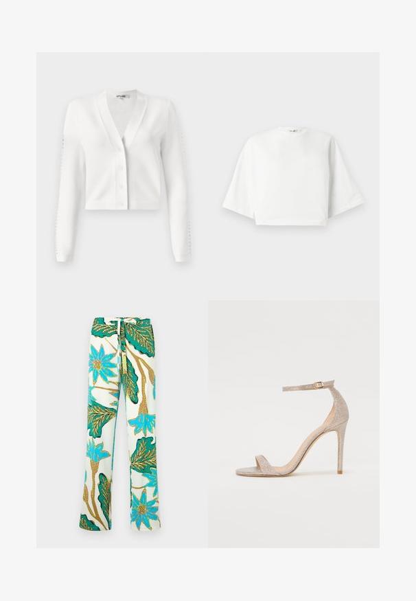 Balta īsā kardigāna jaka ar V-veida kaklu, pogu priekšpusi un ribotām piedurknēm ar caurumu detaļām. Mīksta auduma, gluda tekstūra.; Balts īsais krekls ar brīvu piegriezumu, platām īsām piedurknēm, apaļu kakla izgriezumu un sānu šķērsojumiem, izgatavots no mīksta kokvilnas auduma.; Ziedu raksta bikses ar ziliem ziediem un zaļām lapām uz krēmkrāsas fona; materiāls izskatās gluds un bikses ir brīvāka piegriezuma.; Sandales ar augstiem papēžiem ar siksniņām, izgatavotas no metāliskas rozā zelta, ar teksturētu virsu, atvērtu purngalu un potītes siksniņu ar zelta sprādzi.