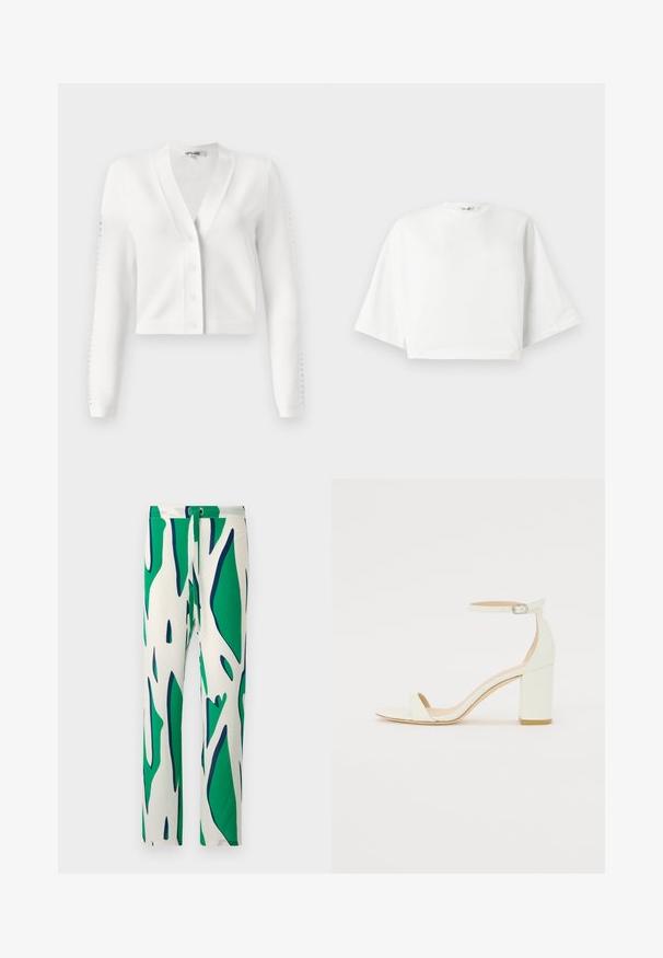 Valge lühikese lõikega kardigan, millel on V-kaelus, nööpide ees ja soonikuga varrukad, kus on augud. Pehme kangas siluettiga tekstuuriga.; Valge lühikese varrukaga, lõdva istumisega, lühike t-särk, ümar kaelus ja küljetagused, valmistatud pehmest puuvillast materjalist.; Valged püksid, millel on silmatorkav roheline ja tumesinine abstraktne muster. Disainitud sirge säärega ja kinnitatud nööbiga.; Valge nahast takjakandiga sandaal, millel on kinnitusrihm ja minimalistlik disain. Avatud varvastes ja sileda pinnaga.
