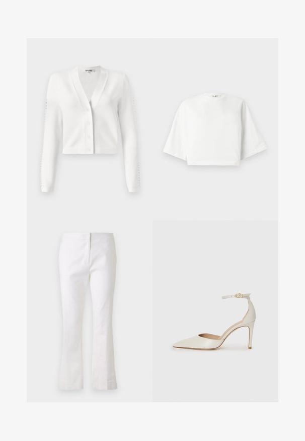 Biała krótkia kardigan z dekoltem w kształcie litery V, z przodu na guziki oraz z prążkowanymi rękawami z detalami w postaci otworów. Miękka tkanina o gładkiej fakturze.; Biała, krótka koszulka z luźnym krojem, krótkimi szerokimi rękawami, okrągłym dekoltem i bocznymi szwami, wykonana z miękkiego bawełnianego materiału.; Białe spódnice w stylu dzwonów wykonane z lekkiego materiału. Posiadają płaski przód z zamkiem błyskawicznym i gładką teksturę. Prosty i elegancki design.; Białe skórzane szpilki z ostrym noskiem, paskiem wokół kostki i cienką szpilkową obcasem. Gładka faktura z subtelnym połyskiem.