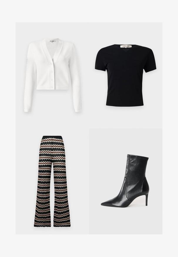 Witte cropped cardigan met een V-hals, knoopsluiting aan de voorkant en ribgebreide mouwen met uitsparingen. Zachte stof met een gladde textuur.; Zwarte T-shirt met korte mouwen en V-halsontwerp, gemaakt van een gladde, rekbare stof. Kenmerkt zich door een eenvoudige, klassieke silhoutte zonder versieringen.; Gebreide flare-broek met een zigzagpatroon in zwart, wit en bruin. Beschikt over een textuurafwerking en een elastische tailleband.; Zwarte enkelboots van soepel leer, met een spitse neus, een aangesloten schacht en een slanke hoge hak. Minimalistisch ontwerp zonder zichtbare hardware.