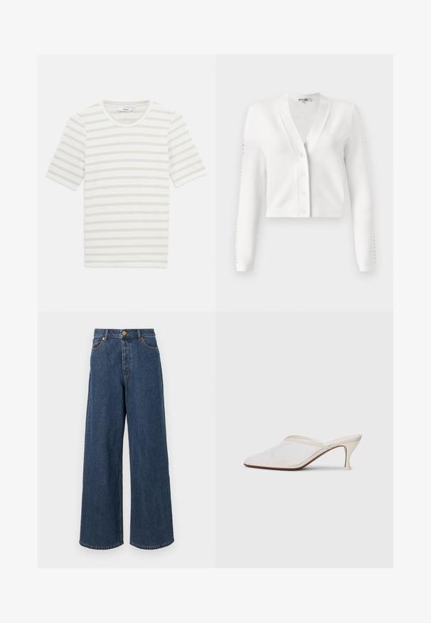 White cropped cardigan featuring a V-neck, button front, and ribbed sleeves with hole detailing. Soft fabric with a smooth texture.; Striped short-sleeve t-shirt, made of lightweight cotton blend, featuring light beige and off-white stripes, round neckline, and soft texture.; Wide-leg denim jeans in dark blue, featuring a high waist, front button closure, and classic five-pocket design with subtle stitching detail.; White mesh pointed-toe mule with a slim mid-height heel and slip-on design against a plain background.