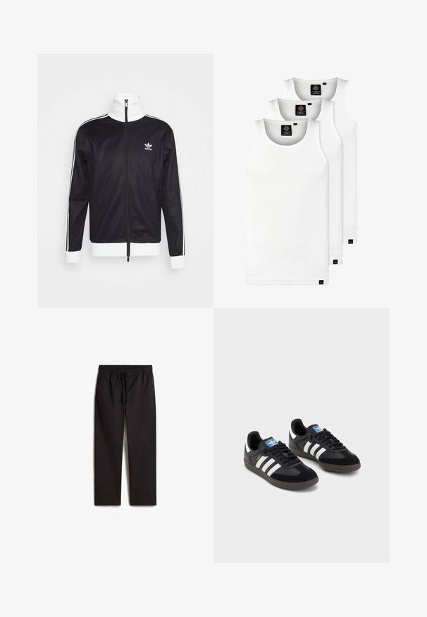 Chaqueta deportiva negra con detalles blancos, cierre completo, cuello alto, mangas largas y logo de Adidas en el lado izquierdo del pecho. Textura de tela suave.; Tres camisetas sin mangas de algodón de color blanco con canalé. Cuentan con cuello redondo y pequeñas etiquetas negras cerca del dobladillo. Disponibles en múltiples tamaños.; Pantalones negros con cintura elástica y cordón; diseño de pierna recta; textura suave; con dos bolsillos laterales.; Zapatillas negras con un upper de ante y sintético, con tres rayas blancas, suela de goma texturizada y etiqueta de logo azul en la lengüeta.