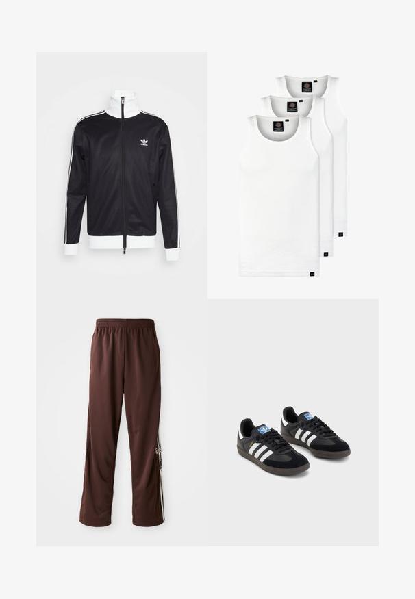 Melns sporta žakets ar baltiem akcentiem, pilnībā ar rāvējslēdzēju, augstu apkakli, garām piedurknēm un Adidas logo kreisajā krūtī. Tautīgas auduma tekstūra.; Trīs baltas ribotas krūšturi, kas izgatavoti no kokvilnas. Iezīmēti ar apaļu kakla izgriezumu un maziem melniem etiķetēm tuvu apakšmalai. Pieejami vairākos izmēros.; Brūnas Adidas sporta bikses ar elastīgu jostu un baltām sānu svītrām, kurās kreisajā kājā ir Adidas logo un uzraksts.; Melnas sporta apavas ar zamšādas un sintētisku augšdaļu, ar trim baltām svītrām, teksturētu gumijas zoli un zilu logo birku uz mēles.