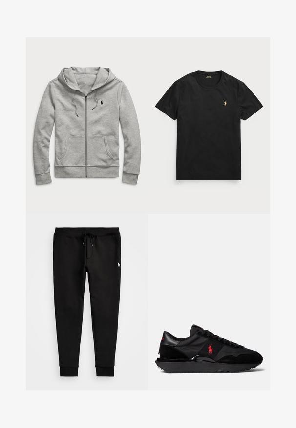 Lichtgrijze zip-up hoodie met een voorzak, trekkoorden en een klein zwart logo op de borst. Gemaakt van zacht, gestructureerd materiaal.; Zwart T-shirt met korte mouwen van katoen, met een ronde halslijn en een klein gouden polo-logo op de linker borst.; Zwarte sweatpants van zacht materiaal, met een trekkoord in de taille, aangesloten boorden en een klein wit logo op het linkerpoot.; Zwarte sportieve sneakers van een combinatie van suede en textiel. Opvallende rode logo-accent en een gestructureerde rubberen loopzool.