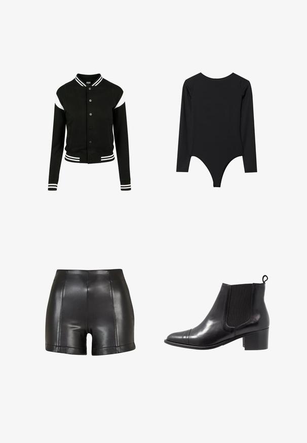 Veste varsity noire avec des accents blancs, poignets et ourlet côtelés, fermeture à boutons, deux poches latérales, fabriquée en tissu doux. Design sportif classique.; Combinaison noire à manches longues avec un col rond, design ajusté et fond string. Texture lisse, coutures minimales, sans quincaillerie visible.; Shorts en simili cuir noir avec une taille haute, une texture lisse et des coutures visibles sur le devant et l'ourlet.; Botte de cheville en cuir noir avec des panneaux élastiques sur les côtés, bout rond et talon en bloc texturé. Dispose d'une languette en boucle à l'arrière pour un enfilage facile.