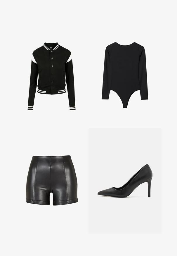 Černá varsity bunda s bílými akcenty, žebrované manžety a spodní lem, zapínání na knoflíky, dvě boční kapsy, vyrobená z měkké textilie. Klasický sportovní design.; Černý body s dlouhým rukávem, kulatým výstřihem, přiléhavým střihem a thong spodem. Hladká textura, minimální švy, žádné viditelné kovové prvky.; Černé kraťasy z umělé kůže s vysokým pasem, hladkou texturou a viditelným švem podél přední části a lemu.; Černé lodičky na vysokém podpatku s špičatou špičkou, vyrobené z hladké kůže, s elegantním designem a tenkým válcovým podpatkem.