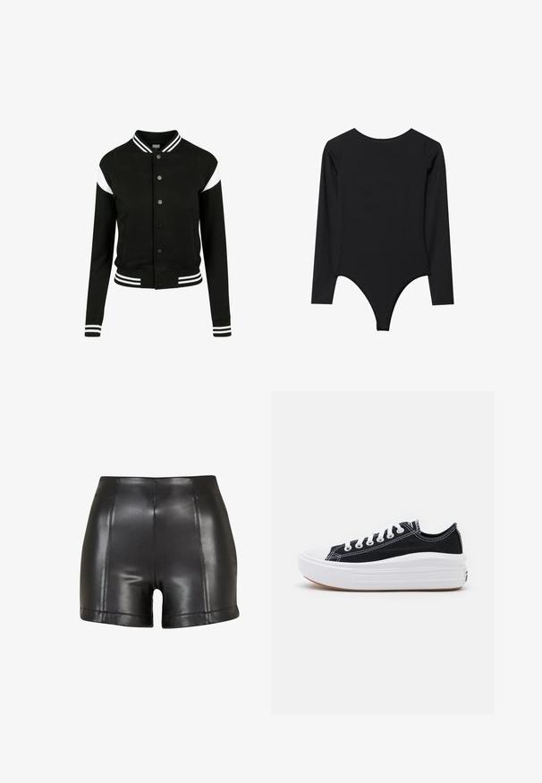 Czarna kurtka varsity z białymi akcentami, ribbowane mankiety i dół, zapięcie na guziki, dwie boczne kieszenie, wykonana z miękkiego materiału. Klasyczny sportowy design.; Czarny body z długim rękawem, okrągłym dekoltem, dopasowany krój i dół w stylu string. Gładka struktura, minimalne szwy, brak widocznych elementów metalowych.; Czarne szorty z imitacji skóry z wysokim stanem, gładką fakturą oraz widocznym szwem na przodzie i wykończeniu.; Czarne płócienne tenisówki z białymi sznurowadłami, białą gumową czapeczką na palcach i masywną białą podeszwą. Mają subtelne białe przeszycia i gumową podeszwę.