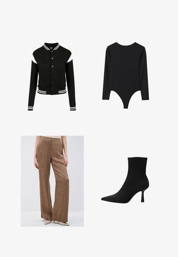 Schwarze Collegejacke mit weißen Akzenten, gerippten Bündchen und Saum, Knopfverschluss, zwei Seitentaschen, aus weichem Stoff hergestellt. Klassisches Sportdesign.; Schwarzer Langarm-Body mit Rundhalsausschnitt, figurbetontem Design undThong-Unterteil. Glatte Textur, minimale Nähte, keine sichtbaren Beschläge.; Braune, weit geschnittene Hosen aus strukturiertem Stoff mit einem dezenten Muster. Verfügt über einen glatten Bund und hängt locker an den Hüften.; Schwarze Knöchelstiefel aus glattem Stoff, mit spitzem Fuß und schmalem Stiletto-Absatz, nahtlosem Design und ohne sichtbare Beschläge.