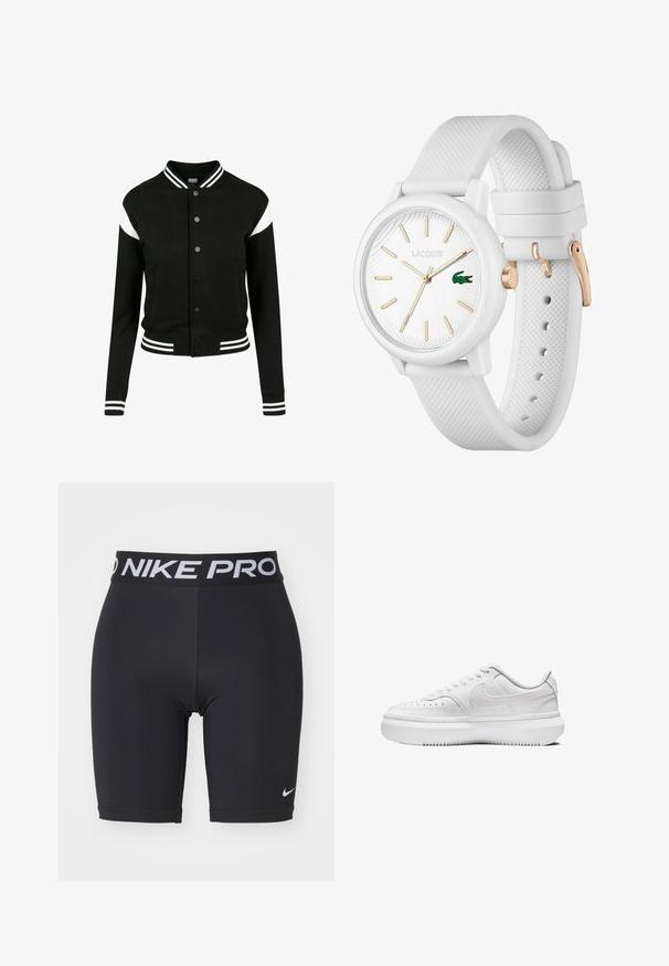 Čierna univerzitná bunda s bielymi akcentmi, rebrované manžety a lem, zapínanie na gombíky, dve bočné vrecká, vyrobená z mäkkej tkaniny. Klasický športový dizajn.; Biela bavlnená tričko s okrúhlym výstrihom, krátkymi rukávmi a čiernym logom Nike potlačeným na hrudníku. Jednoduchý a klasický dizajn.; Čierne športové šortky s elastickým pásom značky Nike Pro. Vyrobené z hladkej, elastickej tkaniny s priliehavým strihom a plochými švami.; Biele tenisky s hladkým koženým zvrškom, okrúlou špičkou, perforovanými detailmi a hrubou bielou gumovou podrážkou. Obsahuje logo na boku a ploché šnúrky.; Biely silikónový hodinky s textúrovaným remienkom, s okrúhlym ciferníkom, zlatými indexami a zeleným logom Lacoste.