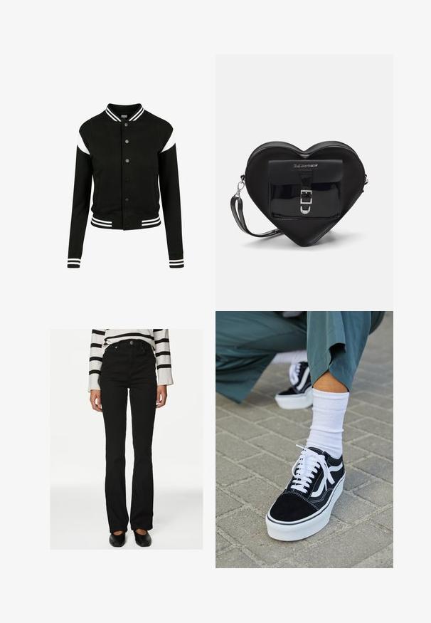 Schwarze Collegejacke mit weißen Akzenten, gerippten Bündchen und Saum, Knopfverschluss, zwei Seitentaschen, aus weichem Stoff hergestellt. Klassisches Sportdesign.; Weißes kurzärmliges T-Shirt mit geripptem Muster und rundem Ausschnitt. Weicher Stoff, taillierte Passform und minimale Nähdetails.; Schwarze Schlagjeans mit hohem Bund, ausgestattet mit fünf Taschen und einem vorderen Knopfverschluss, aus Denim-Stoff mit glatter Textur.; Schwarze Wildledersneaker mit weißen Akzenten und Schnürsenkeln, ausgestattet mit einer dicken weißen Sohle und kontrastierenden Nähten, kombiniert mit einer weißen Socke.; Schwarze, herzförmige Tasche aus Lackleder mit einer Vordertasche, die über einen Schnallenverschluss verfügt, sowie einem abnehmbaren Trageriemen. Silberne Hardware-Details.