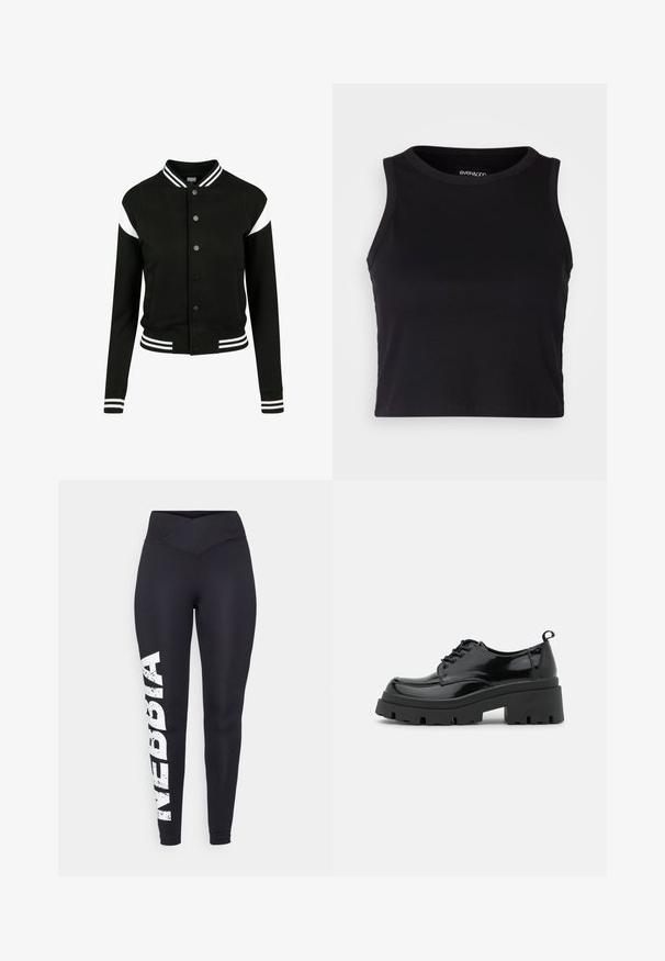 Musta yliopistotakki valkoisilla yksityiskohdilla, ribattu hihansuu ja helma, nappisuljenta, kaksi sivutaskua, valmistettu pehmeästä kankaasta. Klassinen urheilumuotoilu.; Musta ribattava lyhythihainen toppi pyöreällä pääntiellä ja hihattomalla muotoilulla. Valmistettu pehmeästä, joustavasta kankaasta, jossa on siistit reunapainatukset.; Mustat legginsit, joissa on korkea, ristikkäin edestä oleva vyötärö. Vasemmassa lahkeessa on valkoinen, kulunut "NEBBIA" -painatus. Silkkinen, joustava kangas.; Musta lakkapintainen kengät, joissa on paksu platform-pohja ja paksut nauhat. Pyöristetty kärki, minimaalinen yksityiskohtaisuus ja pieni kantanauha takana.