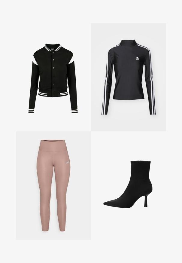 Černá varsity bunda s bílými akcenty, žebrované manžety a spodní lem, zapínání na knoflíky, dvě boční kapsy, vyrobená z měkké textilie. Klasický sportovní design.; Černý top s dlouhým rukávem a vysokým límcem, vyrobený z hladkého materiálu. Obsahuje bílé postranní pruhy a malé bílé logo na prsou.; New Balance HARMONY HIGH RISE - Punčochy - earth shadow; Černá kotníková bota vyrobená z hladké textilie, s špičatou špičkou a úzkým stiletto podpatkem, s bezešvým designem a bez viditelného kování.