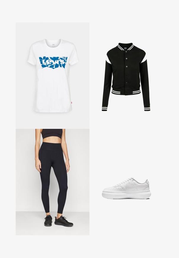 Chaqueta tipo varsity negra con acentos en blanco, puños y dobladillo acanalados, cierre de botones, dos bolsillos laterales, hecha de un tejido suave. Diseño deportivo clásico.; Levi's® THE PERFECT TEE - Camiseta estampada - sugar swizzle; Mallas deportivas negras con una cintura alta, textura acanalada y un diseño ajustado. Llevadas con zapatillas negras.; Zapatillas blancas con parte superior de cuero liso, puntera redonda, detalles perforados y suela de goma blanca gruesa. Presenta el logotipo en el lateral y cordones planos.