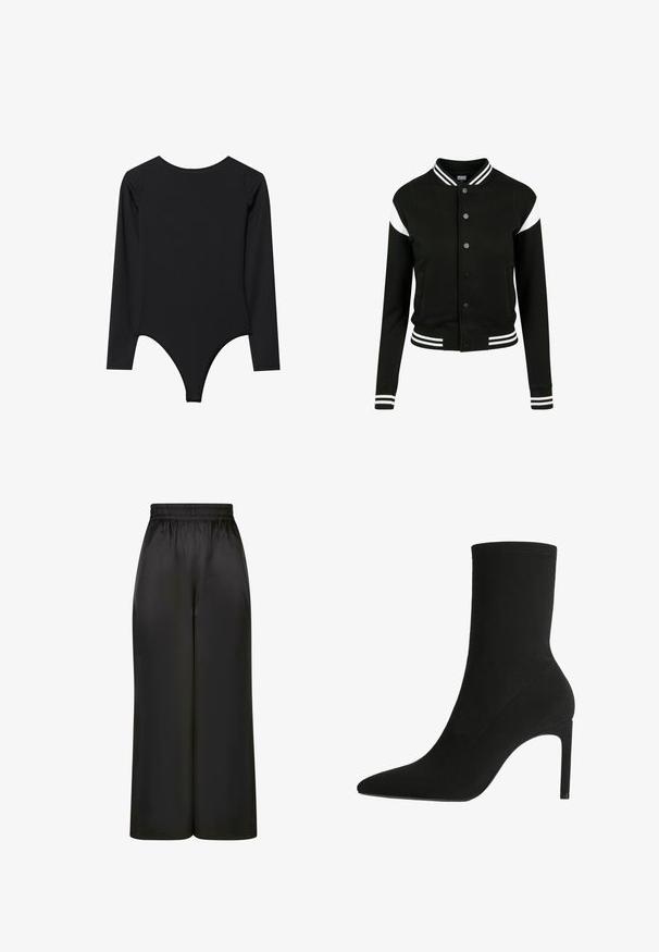 Sort varsityjakke med hvide accenter, ribbede manchetter og kant, knaplukning, to sidelommer, fremstillet af blødt stof. Klassisk sportsdesign.; Sort langærmet bodystocking med rund halsudskæring, tætsiddende design og thong-bund. Glat tekstur, minimale syninger, ingen synlig hardware.; Sorte brede bukser lavet af glat, skinnende stof med elastisk talje og uden synlige lommer eller hardwaredetaljer.; Sort ankelstøvle fremstillet af blødt suede, med spids tå og høj stilettohæl. Minimalistisk design uden synligt hardware eller mønstre.