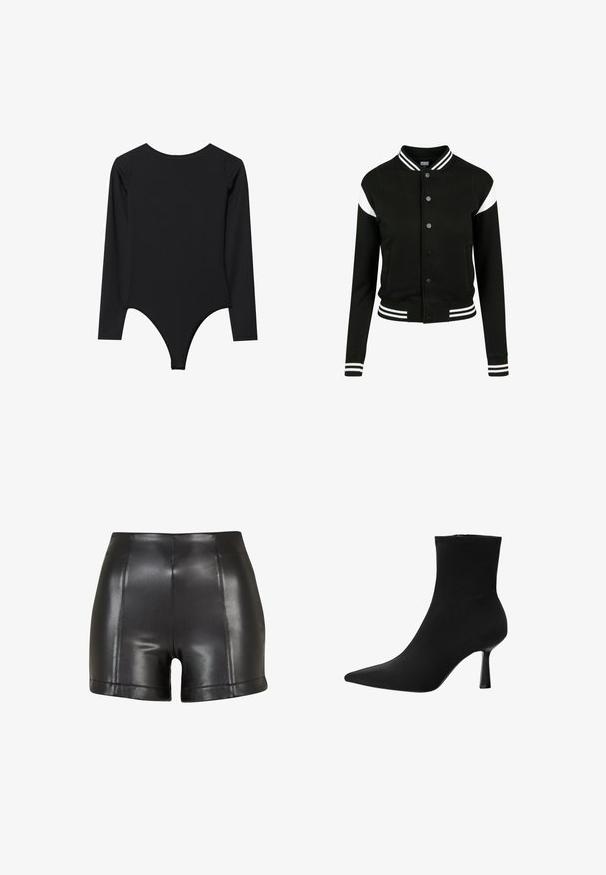 Schwarze Collegejacke mit weißen Akzenten, gerippten Bündchen und Saum, Knopfverschluss, zwei Seitentaschen, aus weichem Stoff hergestellt. Klassisches Sportdesign.; Schwarzer Langarm-Body mit Rundhalsausschnitt, figurbetontem Design undThong-Unterteil. Glatte Textur, minimale Nähte, keine sichtbaren Beschläge.; Schwarze Shorts aus Kunstleder mit hoher Taille, glatter Textur und sichtbaren Nähten an der Vorderseite und am Saum.; Schwarze Knöchelstiefel aus glattem Stoff, mit spitzem Fuß und schmalem Stiletto-Absatz, nahtlosem Design und ohne sichtbare Beschläge.